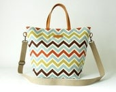 ZigZag / chevron multi color tote  / cross body bag / diaper bag / handbag / attachable strap, leather handle, Design by BagyBags