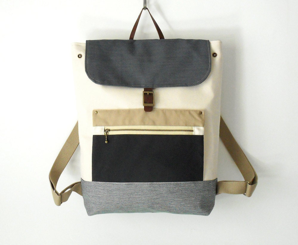 Unisex, Ivory Canvas Backpack / Laptop bag / Leather closure / front zipper pocket / 15 inch, Design by BagyBags