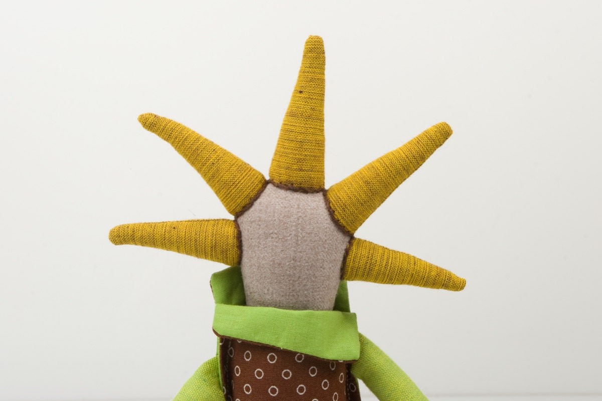 SPRING Plush Modern rag doll With cool Sun Mustard Yellow Spikes Haircut - in Brown Green Aqua,  - handmade fabric doll