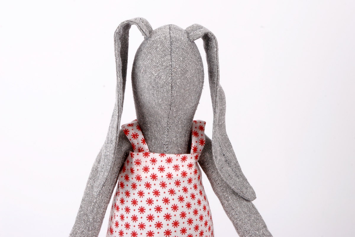 Softie plush Light gray bunny hare rabbit doll Wearing a white dress with red flowers  - handmade Eco Stuffed fabric Doll