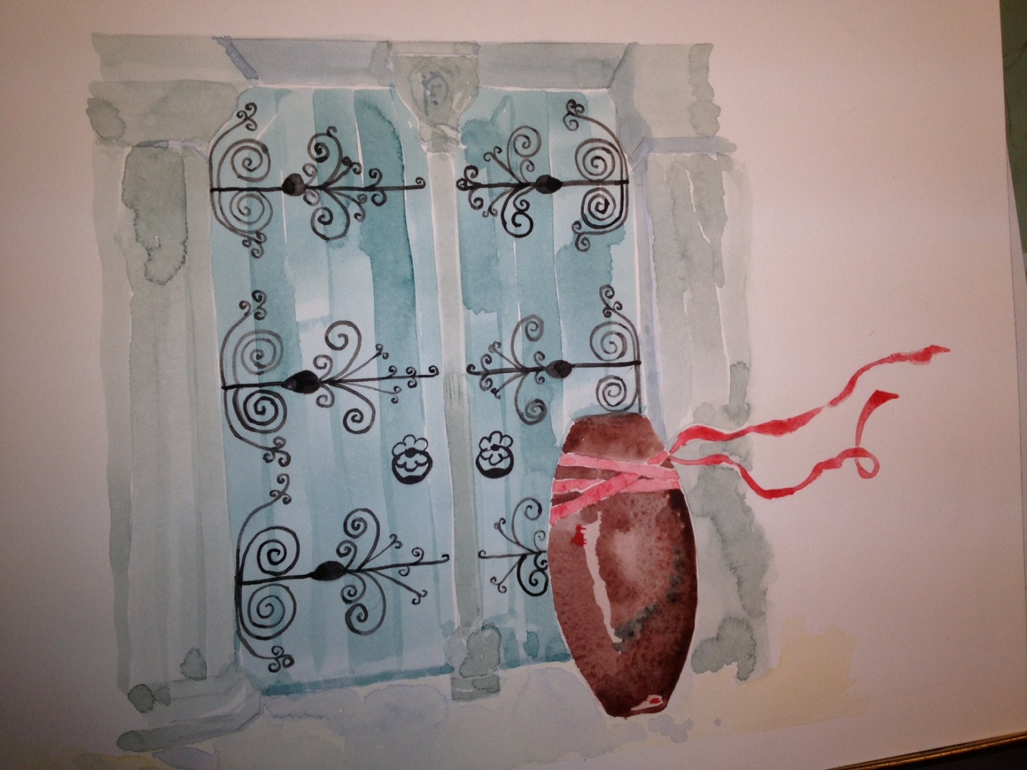Painting of the outer church  doors before a wedding