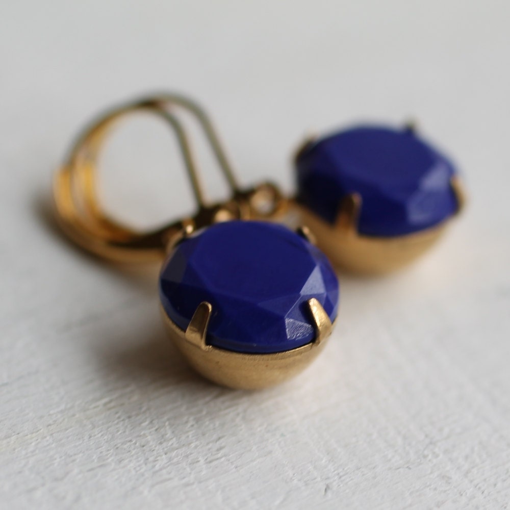 Royal Blue Earrings ... Vintage Navy Blue Glass Gold Earrings