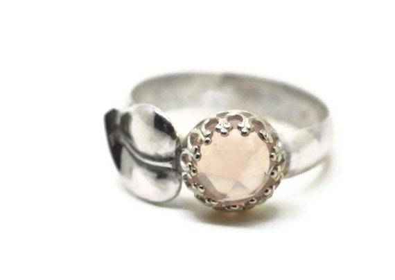 Rose Quartz Ring, Sterling Silver Leaf Ring, Handforged Cocktail Ring, Pink Gemstone Engagement Ring, Wedding Ring