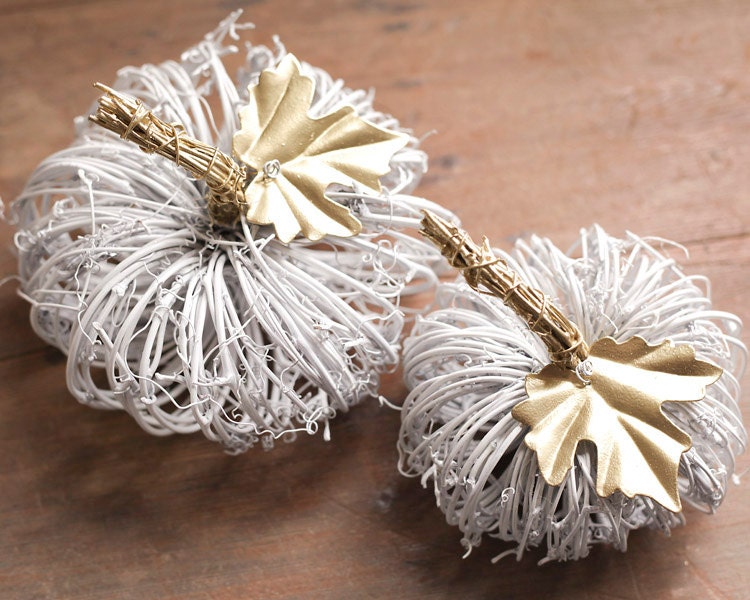 White Pumpkins - 2 Grapevine Pumpkins with Gold Gilt Stems and Leaves, Rustic Fall Decor