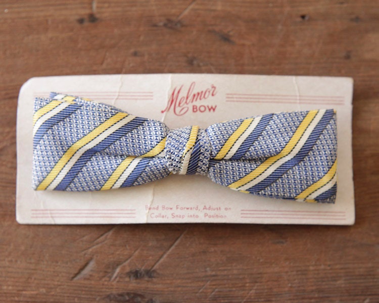 Vintage Bow Tie - Clip-On Necktie, Preppy Yellow and Blue Stripe, "Melmor Bow," Original Mid Century Packaging