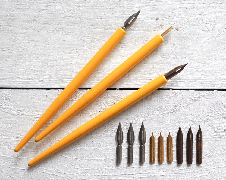 Vintage Dip Pens with Nibs - Liquid Ink Writing, Calligraphy, Wooden Drawing Pens, Dozen Nibs