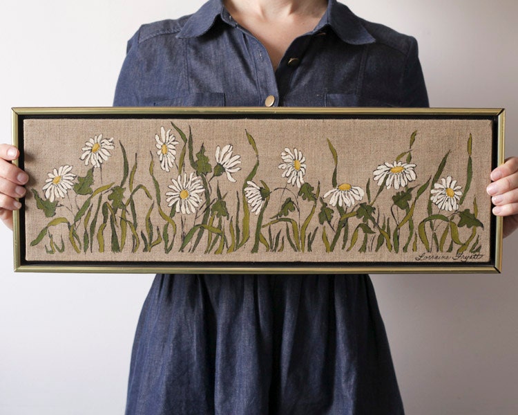 Vintage Painting - Daisies, Modern Floral on Linen Canvas, Framed 21 x 7