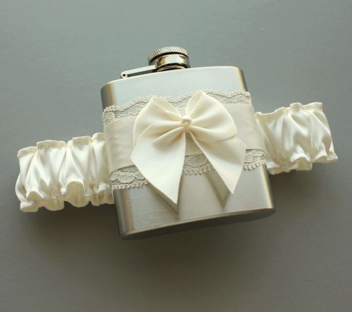 Ivory Satin & Lace FLASK GARTER -- Ready to Ship -- Bridal Wedding Garter with Flask