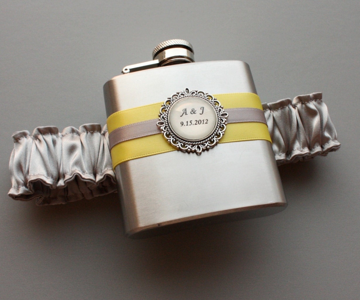Personalized FLASK GARTER -  Gray and Yellow (Other Colors Available) - Bridal Wedding Garter with Flask