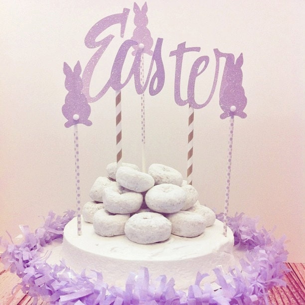 Glittered Easter with bunnies Cake Topper Set with party fringe trim Il_570xn