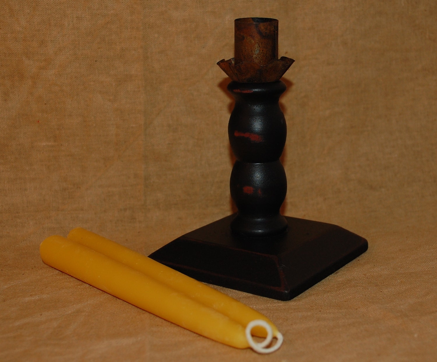 BEESWAX candles 8 inch tapers connected set of 2 and candle holder included