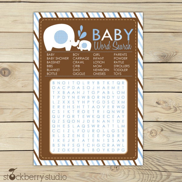 Elephant Baby Shower Blue Printable Word Search Game - Instant Download Il_570xn