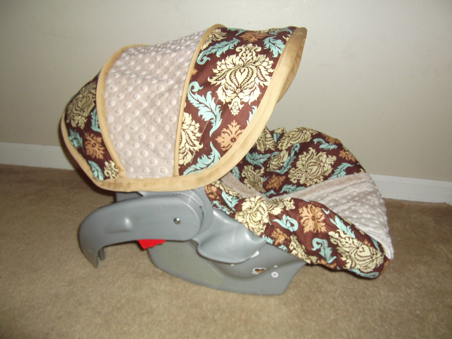 Mocca  Damask  and tan minky Infant car seat cover - Custom Order