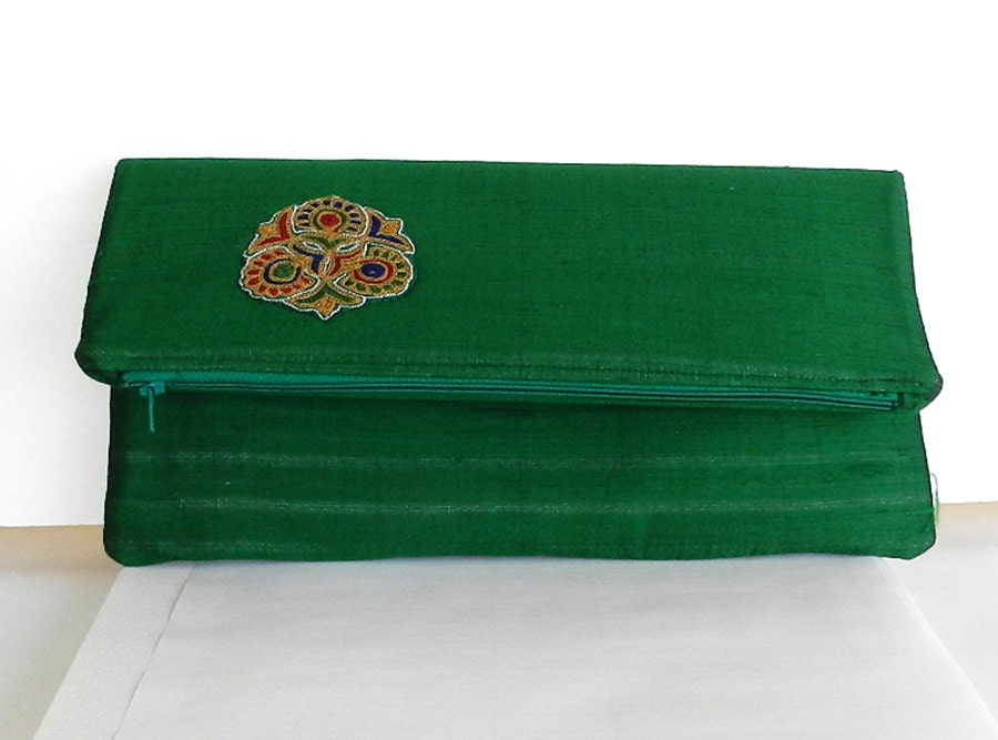 Emerald green Silk Fabric Fold over clutch,  clutch purse, Pantone 2013