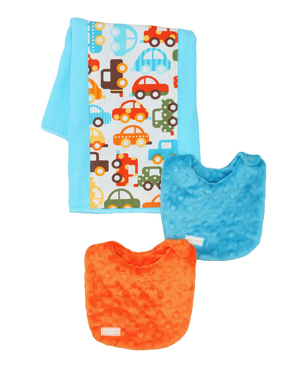 Cars & Trucks Baby Boy Newborn Gift Set: 1 Burp Cloth and 2 Drool Newborn Bibs - FREE SHIPPING