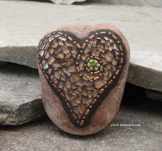Copper with a little Sparkle and Copper Heart  - Mosaic Paperweight / Garden Stone