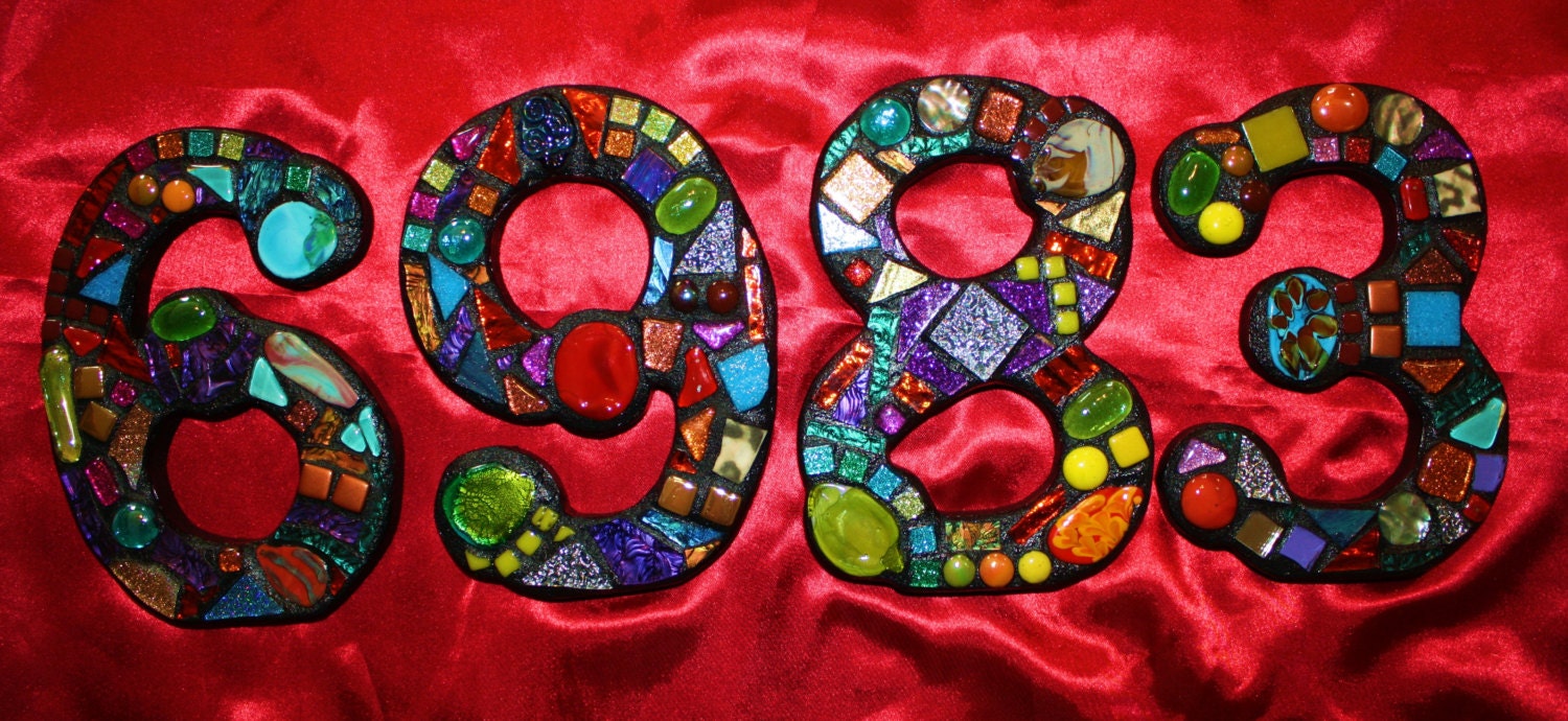 Custom Made Stained Glass / Mixed Media Mosaic House Numbers - Wild & Funky Colors and Shapes