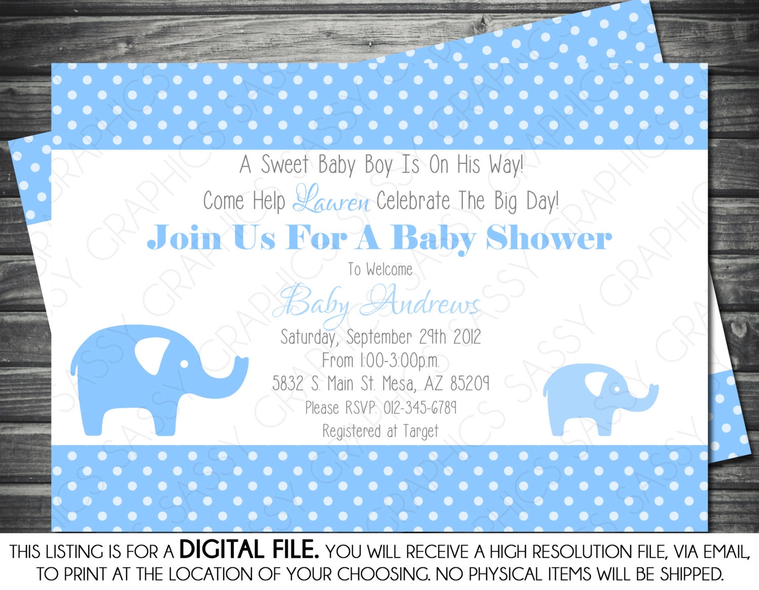 Baby Shower Invitation -Elephant Theme, Blue, Polka Dots, Printable ...