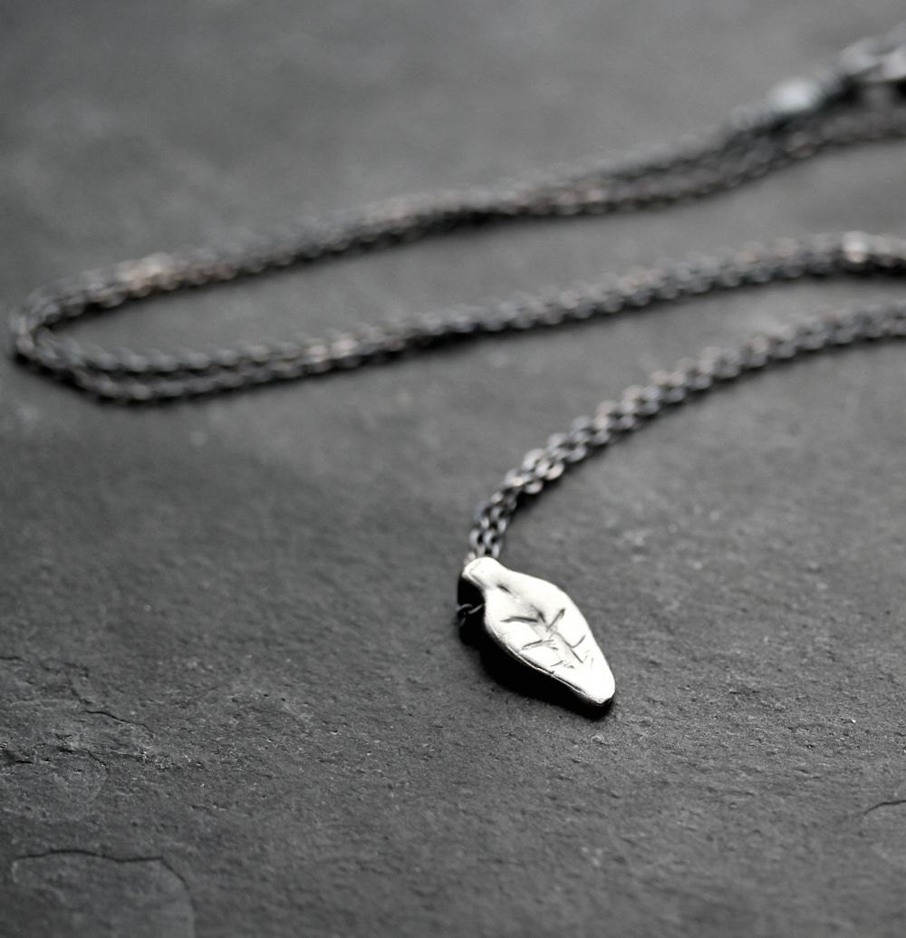 Rustic Hand Carved Leaf Necklace, Woodland Nature Tiny Leaf Recycled Oxidized Sterling Silver Necklace - Nymph