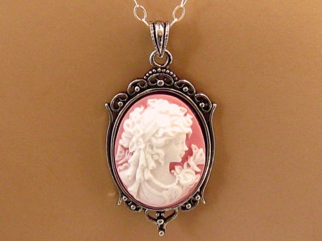 Pink Cameo: Tiny Renaissance Woman Peach Pink Cameo Necklace, Sterling Silver Silver, Romantic Neoclassical Jewelry, Lady Peach Cameo