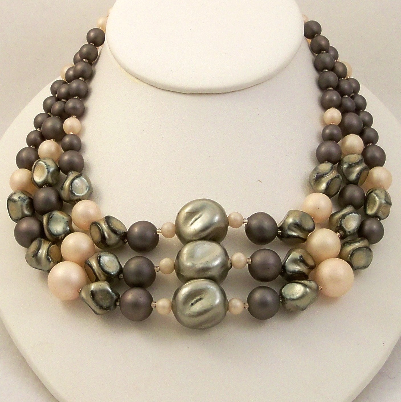 Vintage Mad Men Multi Strand Necklace 1960s Business Gray Blush Pink Multi Strand