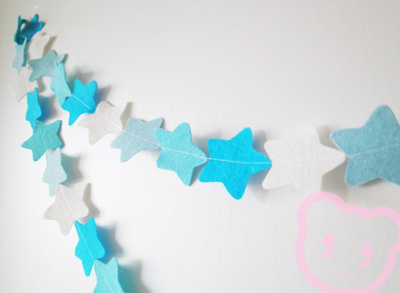 Baby Blue Star Garland - made with wool blend felt in blue colours, perfect for baby room or parties