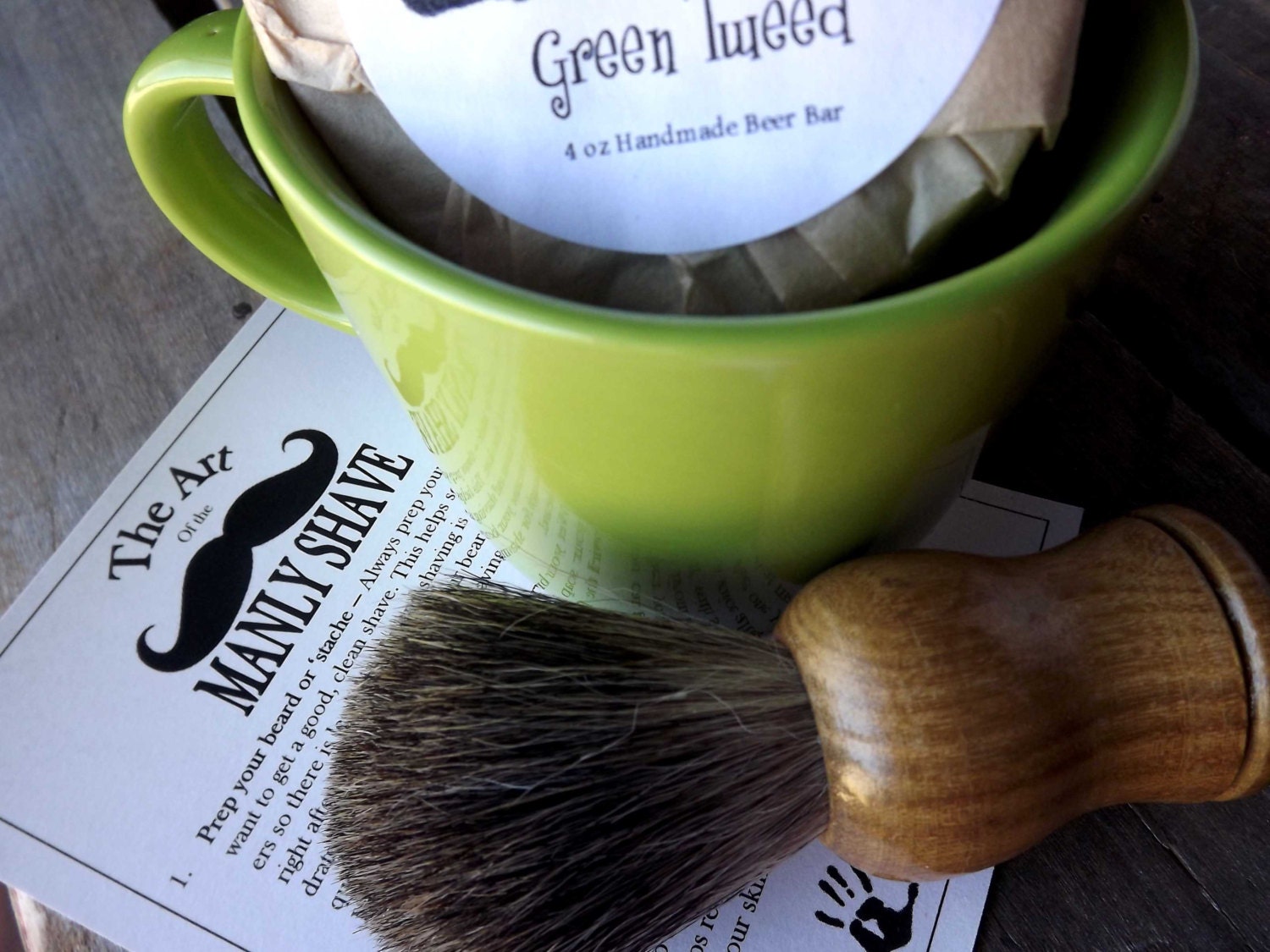 Shaving Mug Set Lime Green, Vintage Styled Shaving Mug, Grooming Kit, Badger Brush, Handmade Soap