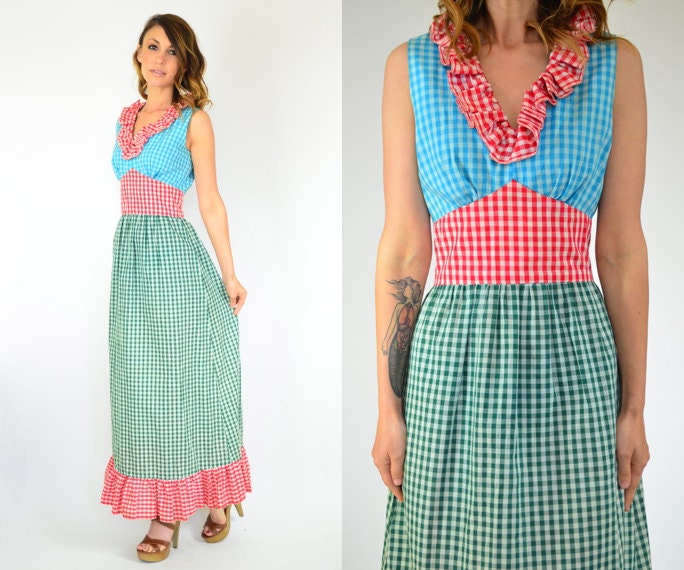 sleeves MULTICOLORED ruffled GINGHAM praire maxi DRESS, extra small
