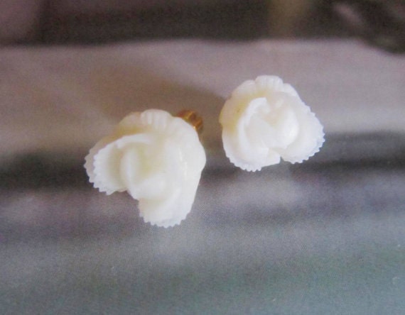 White Floral Stud Earrings -Flower Earring Post-Little Tiny white Cabbage Rose Posts FREE SHIPPING
