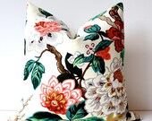 Green Coral Red Floral Designer Pillow Cover 18 Accent Cushion chiang mai cherry blossom flowers hollywood regency pink emerald cream