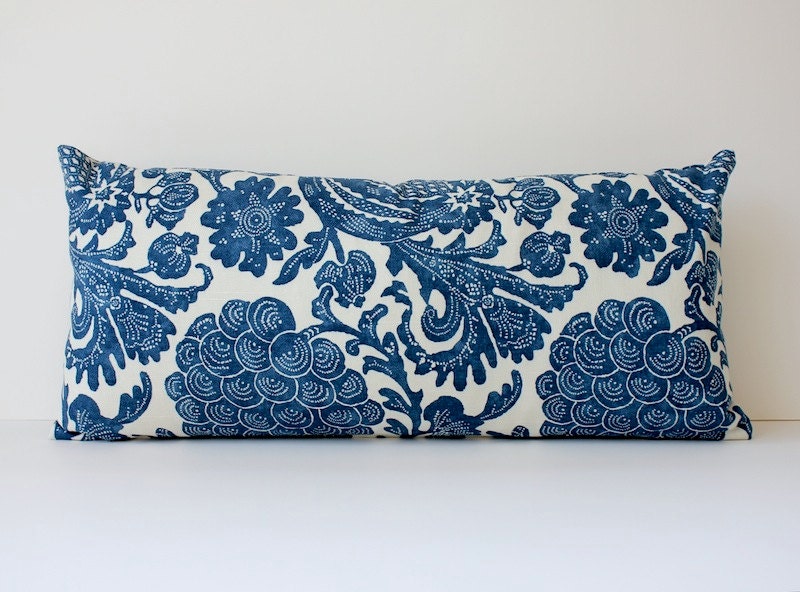 Floral Batik Decorative Designer Bolster Pillow Cover 10x22 NEW Navy Blue Indigo Accent Throw Cushion P Kaufmann Ikat boho