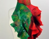 Felted Leaf scarf  / merino wool / hand felted / green / purple / red / wearable art