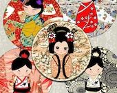 CHIYOGAMI WASHI kokeshi DOLLS 2.5 inch circles digital Collage sheet Pocket Mirrors Magnets scraping printable images Instant download