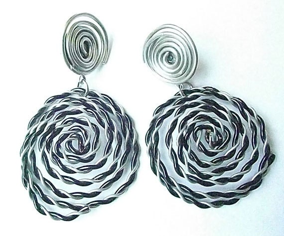Spinning Silver And Black Coiled Earrings.