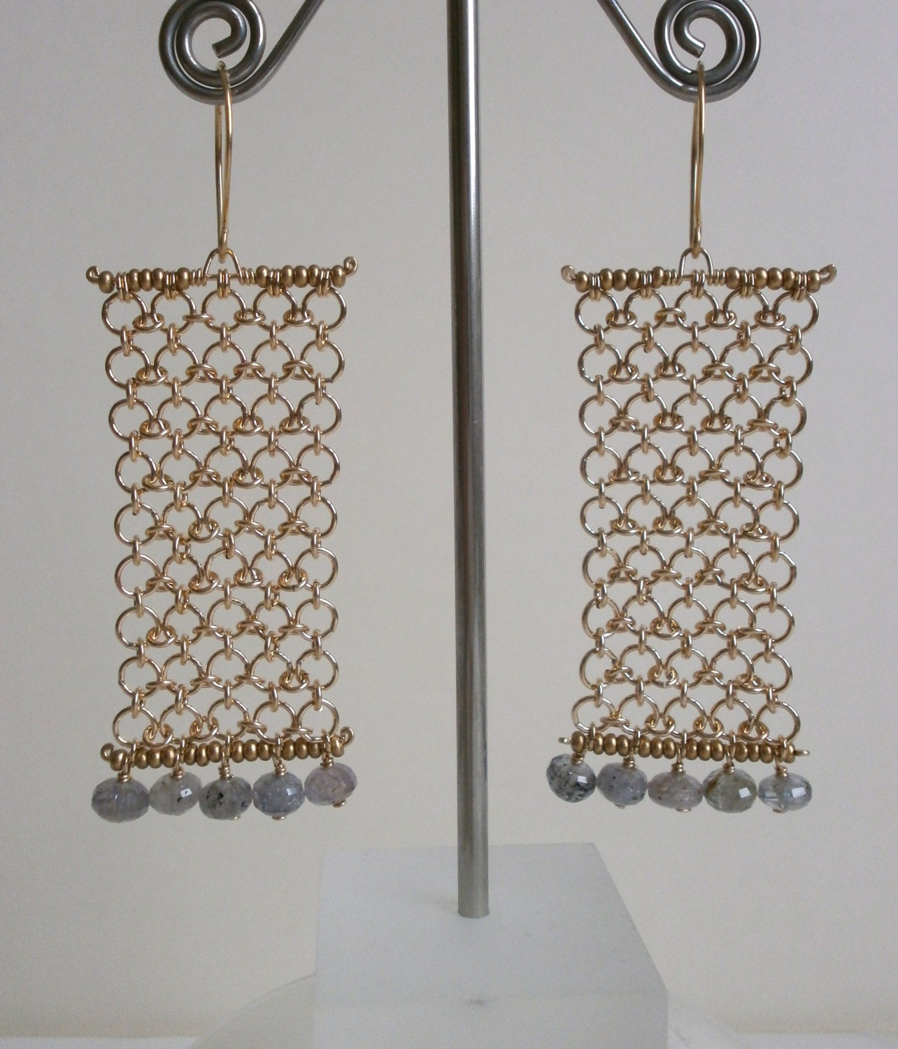 Long gold chain link beaded earring Chainmaille fabric chain earring Contemporary chain mail Fine gold jewelry Artisan jewelry