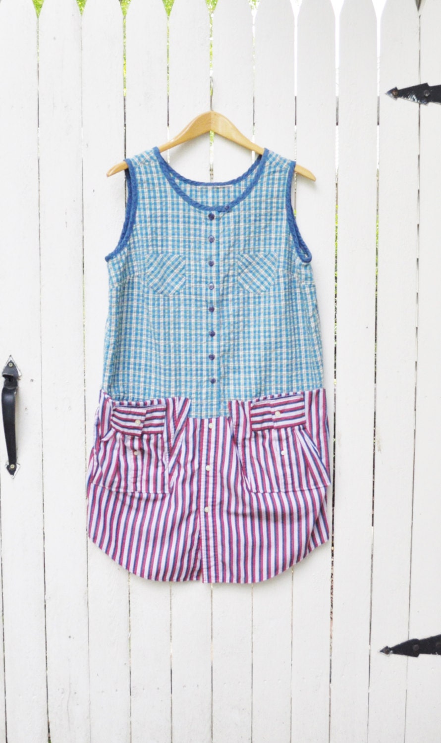 Artisan Smock Dress/ Red White and Blue/ July Dress/ Cotton Tunic Dress/Large Pockets/ Womens Dress