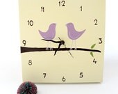 Clock- love birds cream  and purple nursery clock  -unique gift, wedding gift canvas clock, decorative hand painted square clock