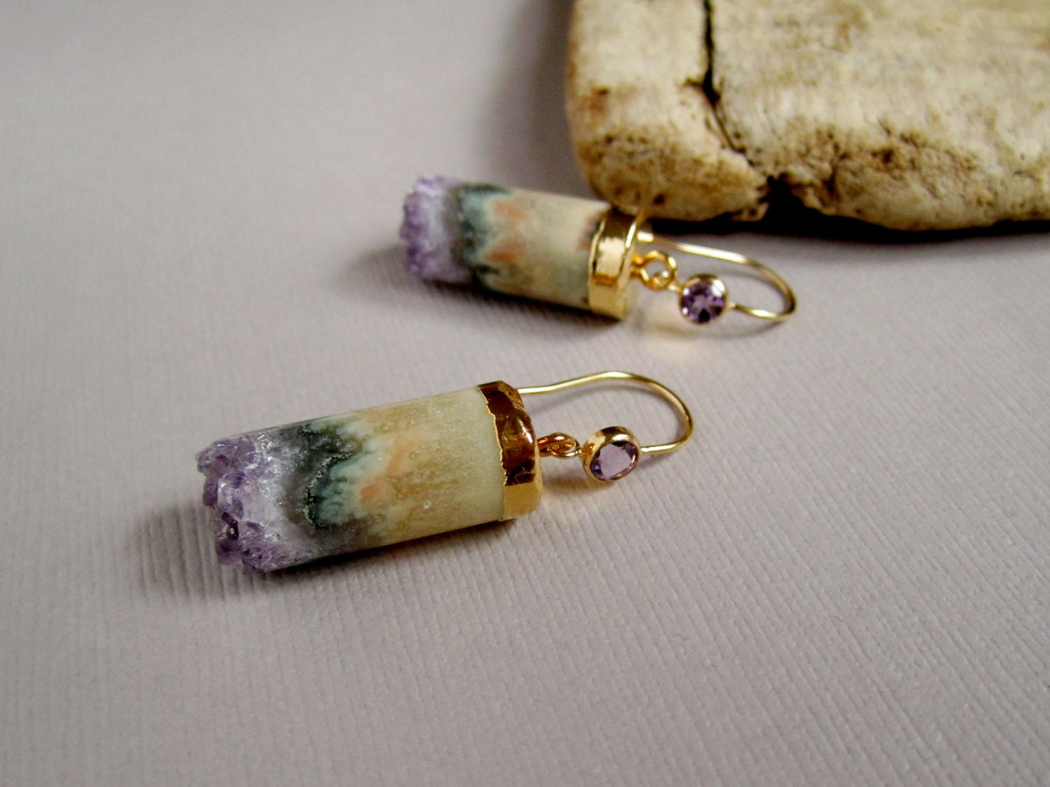 RESERVED for VVN Amethyst Druzy Earrings Drusy Quartz Stalactite Cylinder Earrings 14K Gold Fill