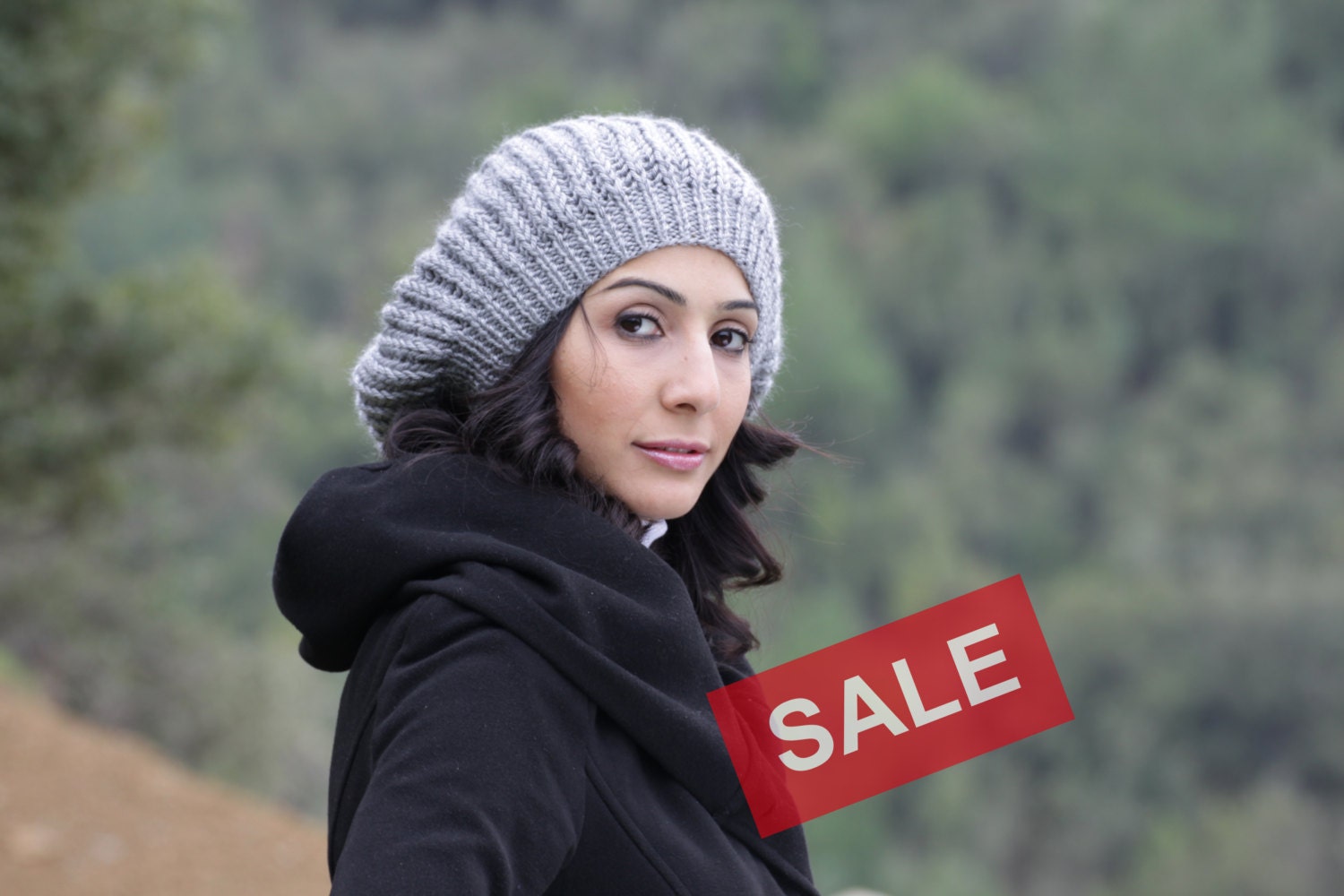 Slouch knit beret for Women, Grey Beanie Hat