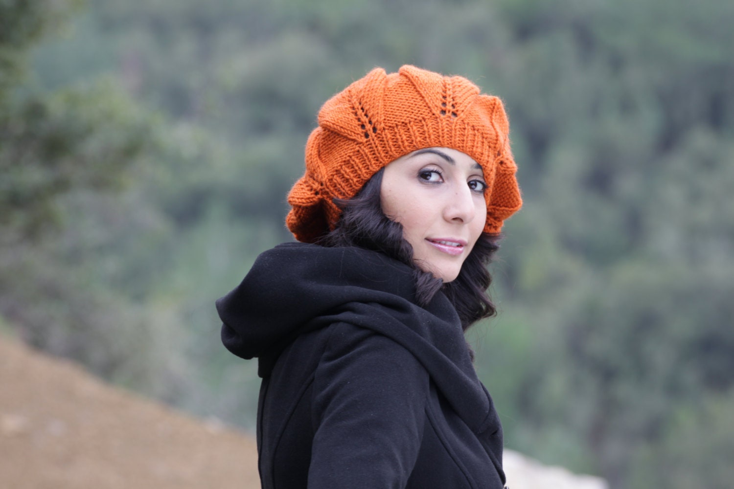 Knit Slouch beret Hat for Women in Pumpkin color