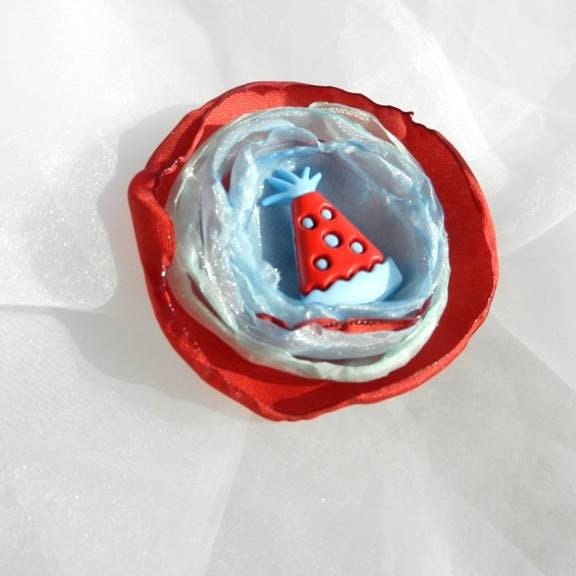 Blue Red Party Hat Fabric Flower Applique