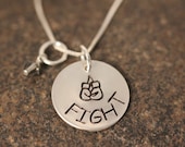 Custom Hand Stamped Sterling Silver FIGHT Necklace with Boxing Gloves and Birthstone