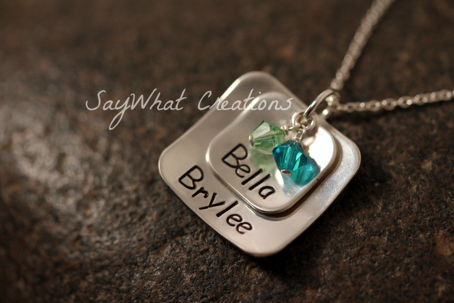 Custom Hand Stamped Stacked and Domed Two Square Sterling Silver Mothers Necklace