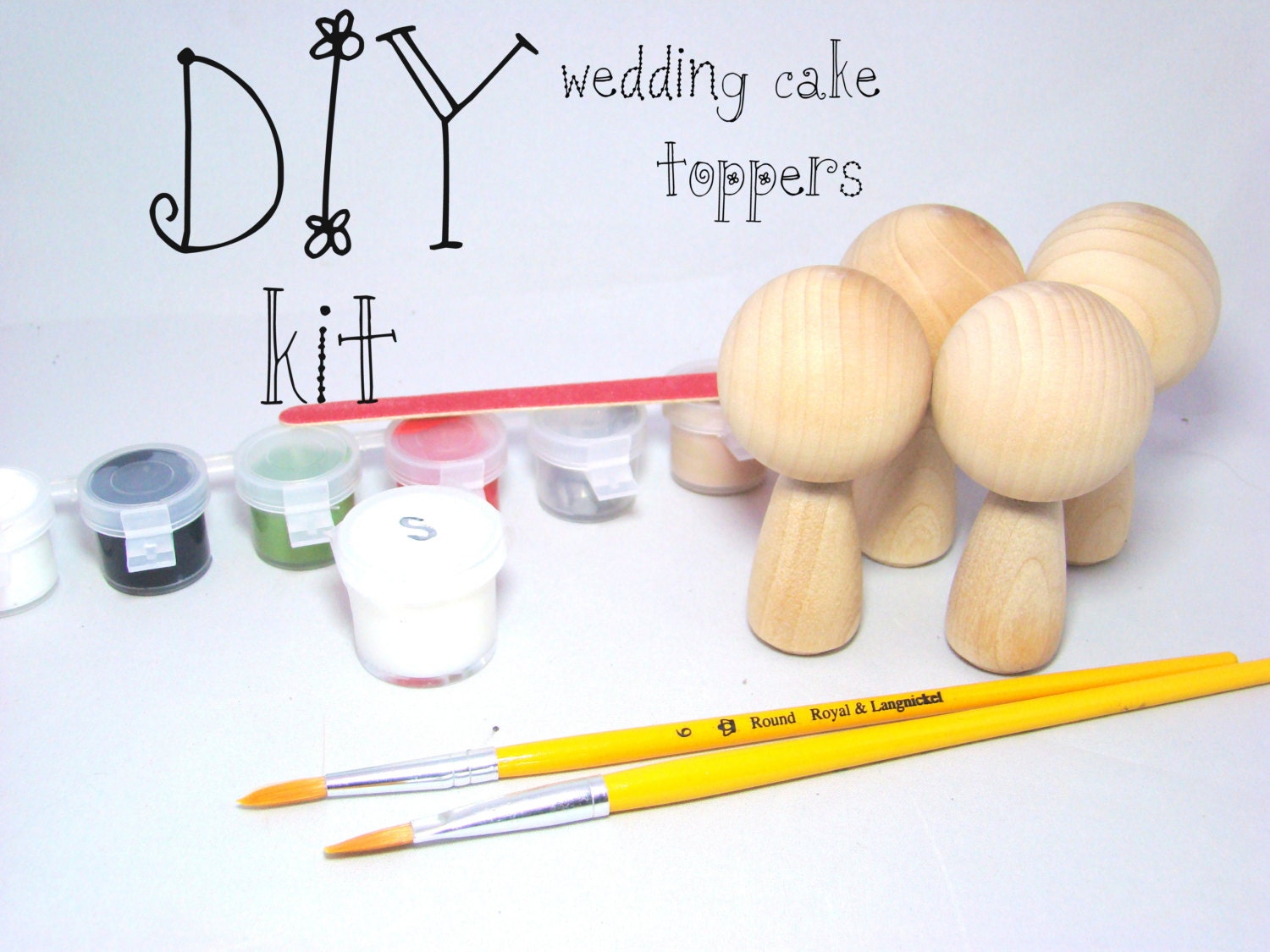 DIY Mini Kokeshi Wedding Cake Topper Dolls Kit w Extra Dolls, paint, sealer and brushes