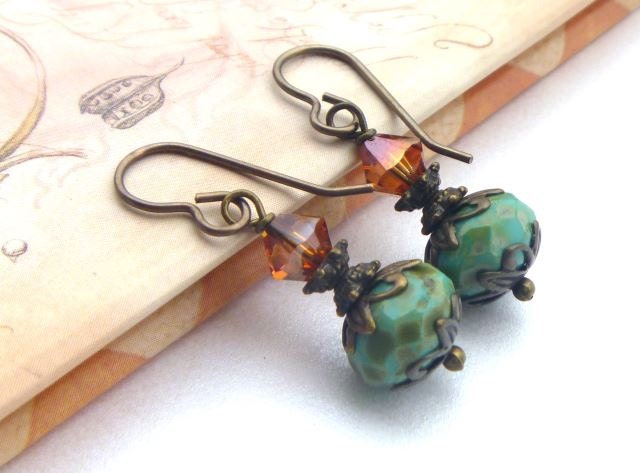 Picasso Bead Earrings.  Czech Glass Earrings.  Turquoise Earrings.