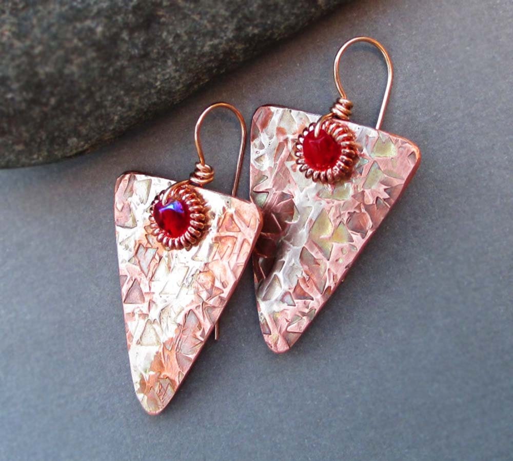 Red Crystal Earrings Bronze Metalwork Jewelry Copper Earrings Handmade Artisan Jewelry