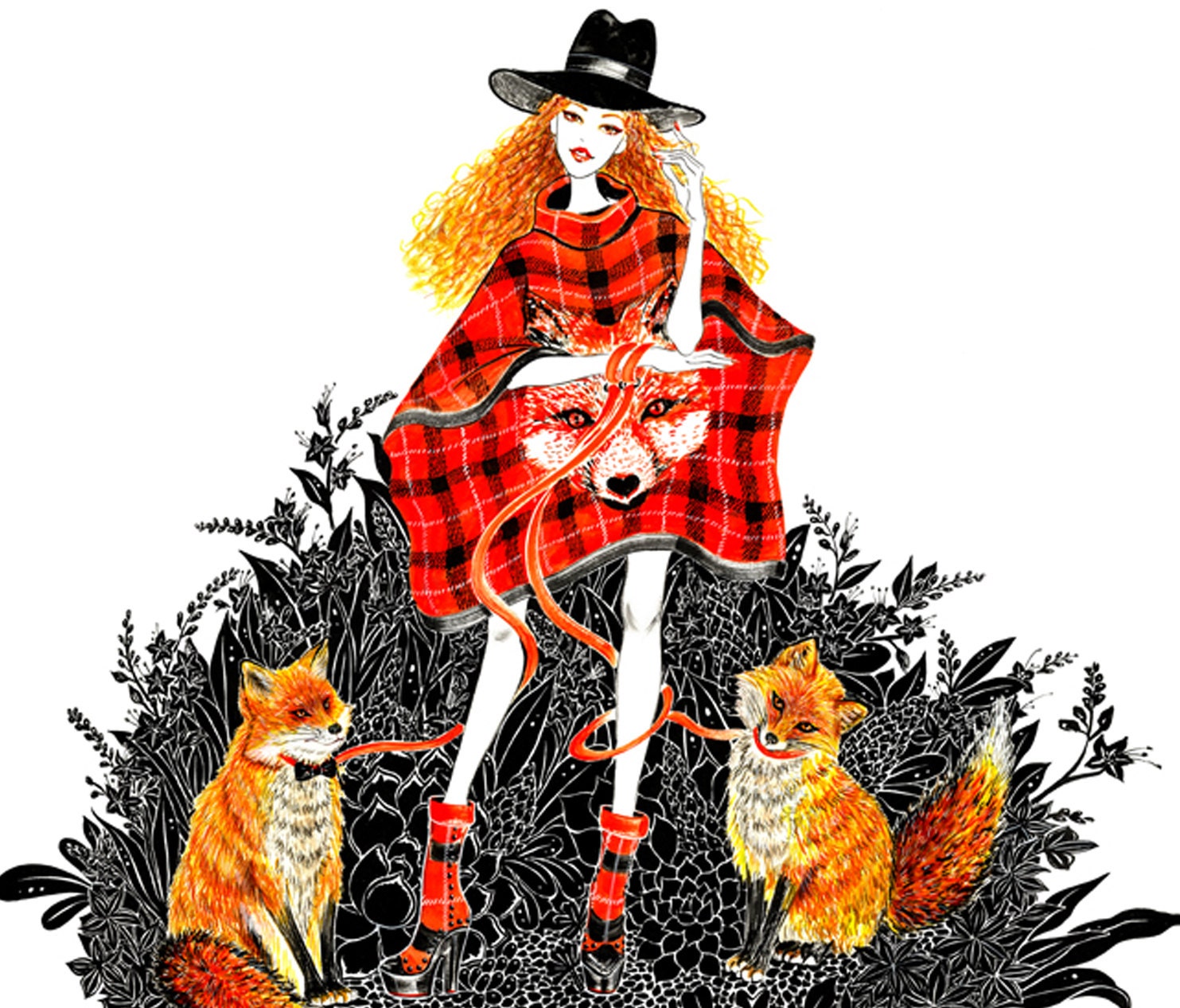 Girl with Foxes- Watercolor Fashion illustration