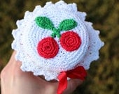 Cheery Cherry Jar Topper, Jar Cover, Decorative Mason Jar Top, Crochet Handmade Vintage Lacey Doily Cute Collectible