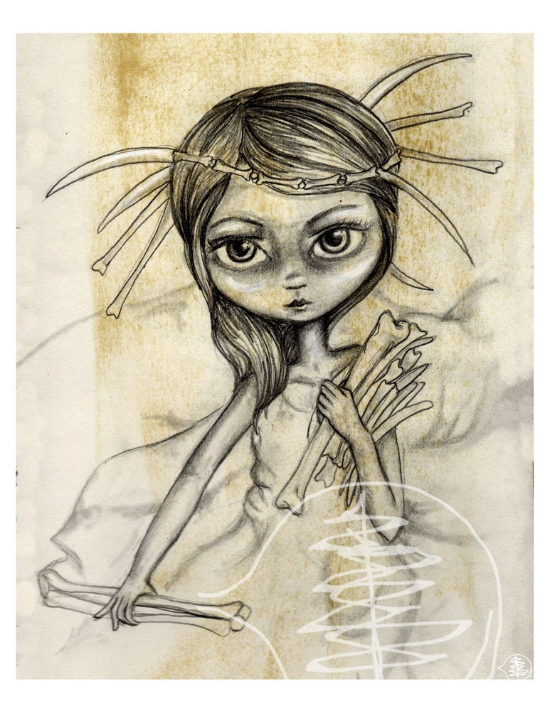 Bones - Sketch - Girl  - 5x7 Print - Black And White - Scary