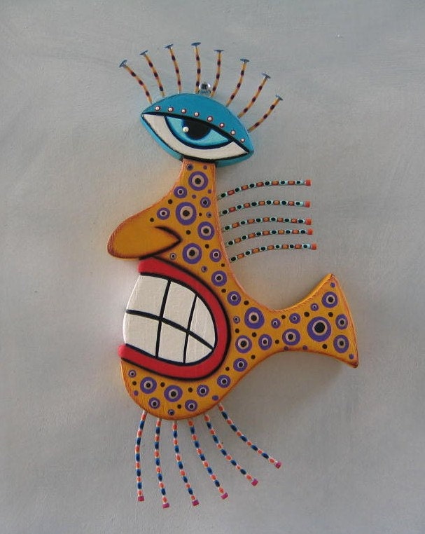One Eyed Spotted Gourd Fish, Original Found Object Sculpture, Wood Carving, Wall Art, by Fig Jam Studio
